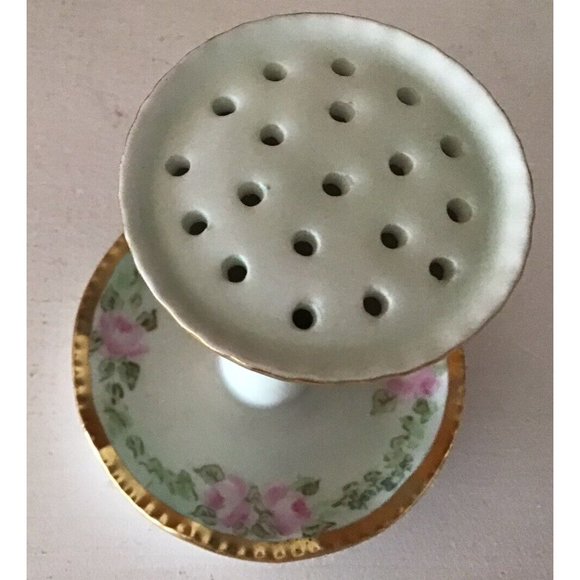 Antique Limoges Porcelain Hat Pin Holder Hand Painted Pink Flowers - Picture 4 of 5